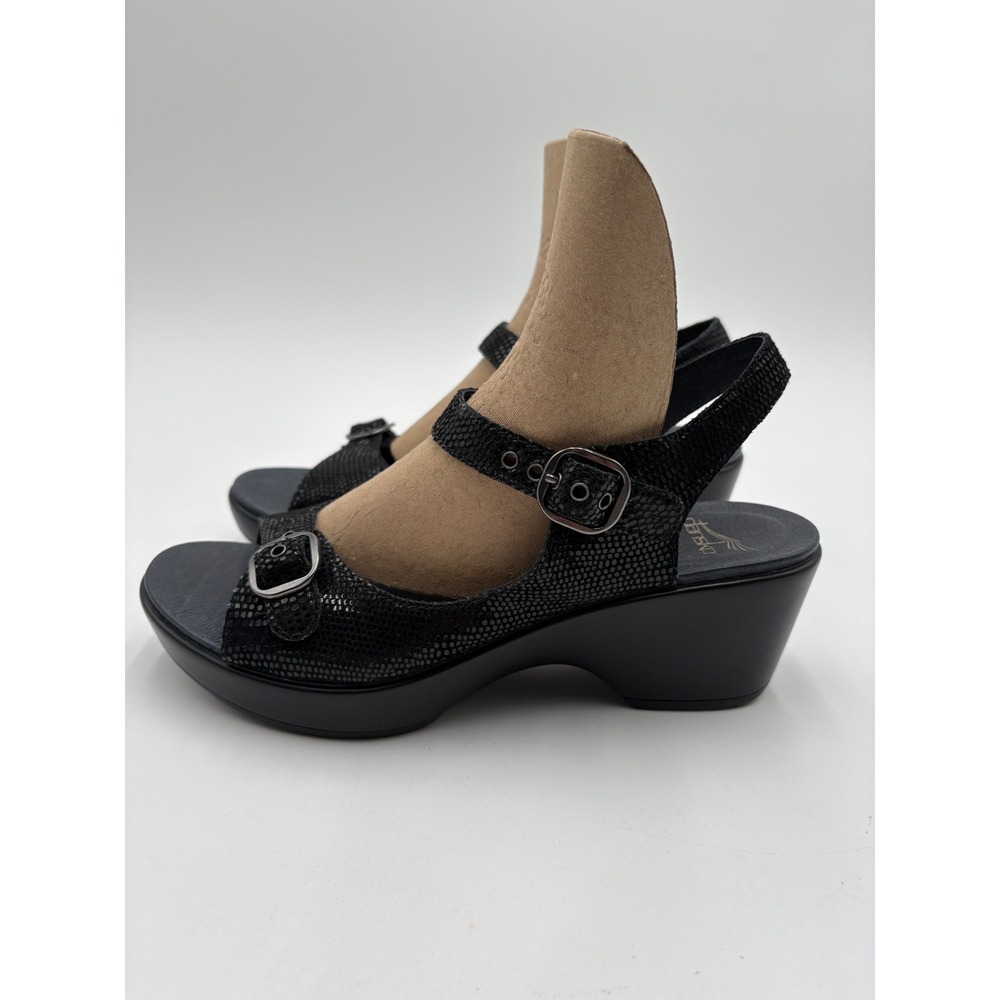 Dansko Black Textured Leather Slingback Wedge Sandals Buckle Straps Womens 38